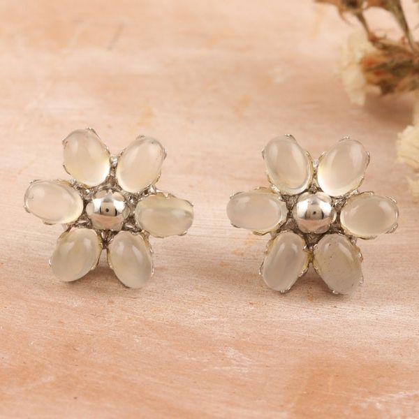 Alternate image for Floral Rhodium-Plated Button Earrings with Moonstones Intuition Petals