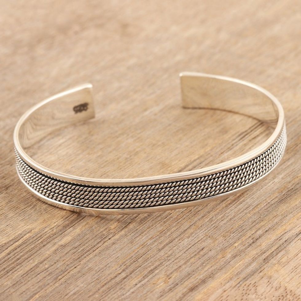 Polished Sterling Silver Cuff Bracelet Crafted in India 'Luxurious Bonds'