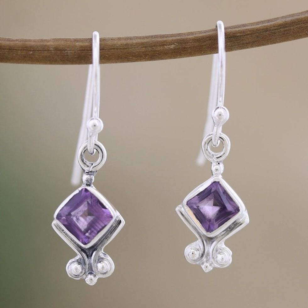Sterling Silver Dangle Earrings with Faceted Amethyst Stones 'Adorable Wisdom'