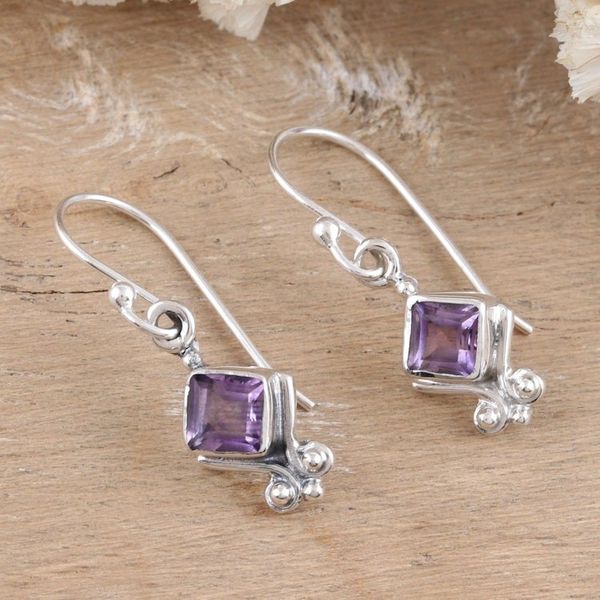 Alternate image for Sterling Silver Dangle Earrings with Faceted Amethyst Stones Adorable Wisdom