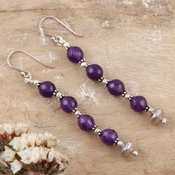 Alternate image for Sterling Silver Dangle Earrings with Amethyst Beads Purple Ecstasy