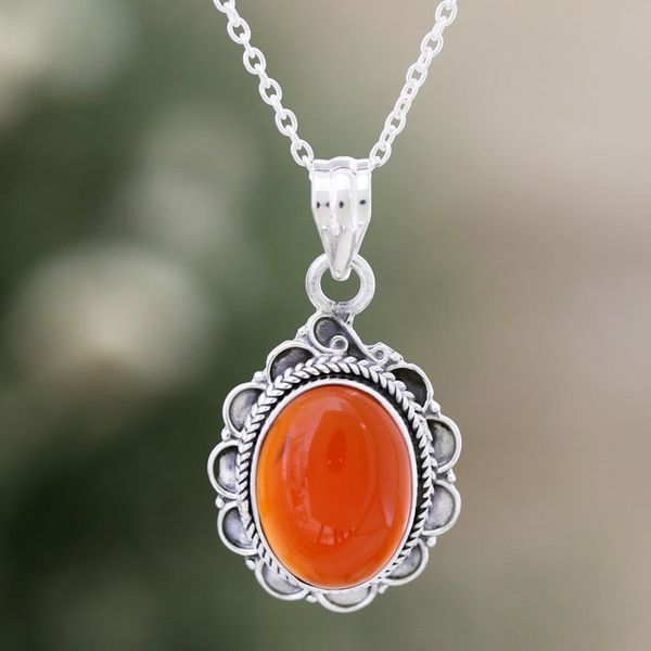 Alternate image for Carnelian and Sterling Silver Pendant Necklace from India Crimson Flame