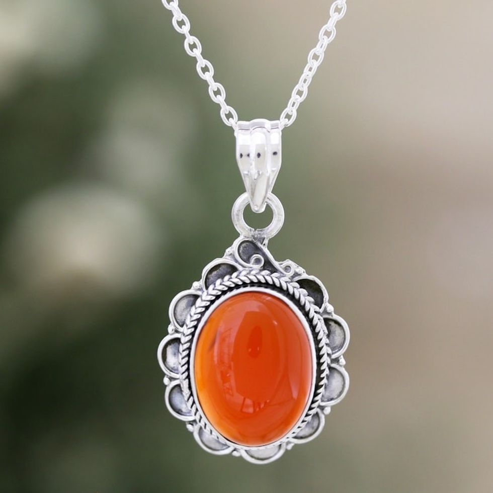Carnelian and Sterling Silver Pendant Necklace from India 'Crimson Flame'