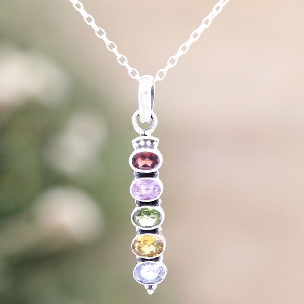 Sterling Silver Pendant Necklace with Five-Carat Gemstones 'Earth's Soul'