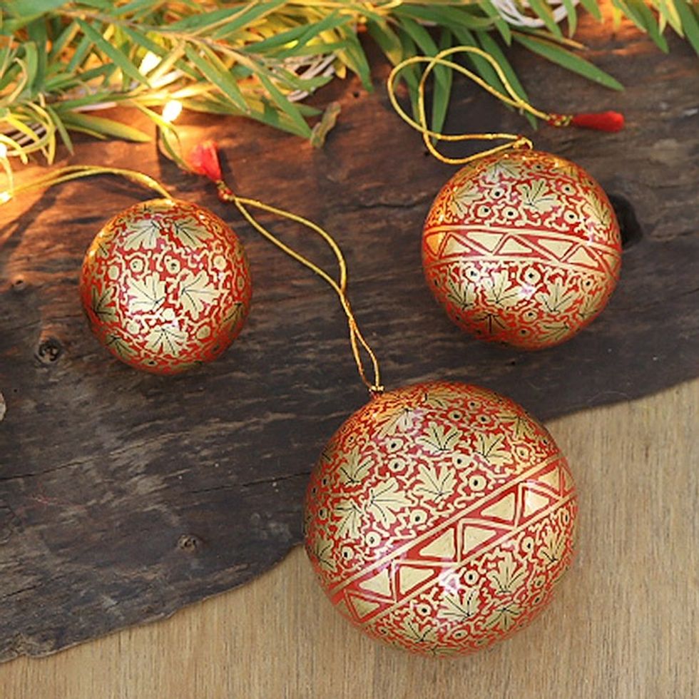 Set of 3 Papier Mache Ornaments with Red Leafy Details 'Holiday Leaves'