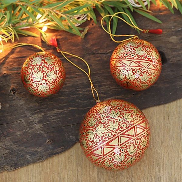 Alternate image for Set of 3 Papier Mache Ornaments with Red Leafy Details Holiday Leaves