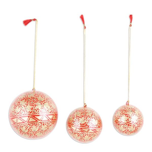 Alternate image for Set of 3 Papier Mache Ornaments with Red Leafy Details Holiday Leaves