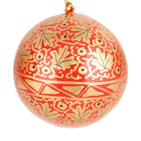Alternate image for Set of 3 Papier Mache Ornaments with Red Leafy Details Holiday Leaves