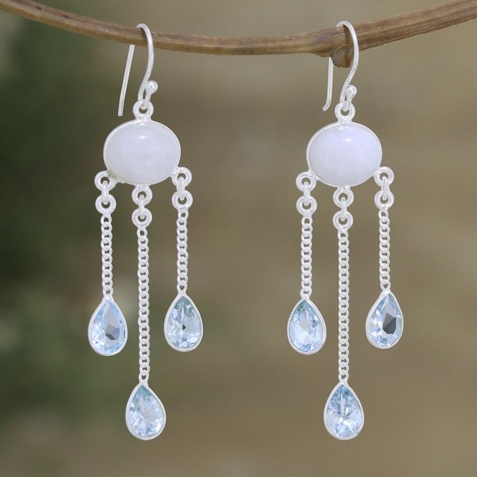 Rainbow Moonstone Blue Topaz Sterling Silver Dangle Earrings 'Exquisite Drops'