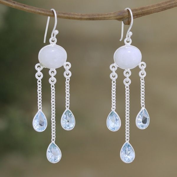 Alternate image for Rainbow Moonstone Blue Topaz Sterling Silver Dangle Earrings Exquisite Drops
