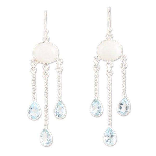 Alternate image for Rainbow Moonstone Blue Topaz Sterling Silver Dangle Earrings Exquisite Drops