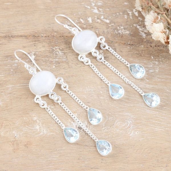 Alternate image for Rainbow Moonstone Blue Topaz Sterling Silver Dangle Earrings Exquisite Drops
