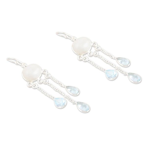 Alternate image for Rainbow Moonstone Blue Topaz Sterling Silver Dangle Earrings Exquisite Drops
