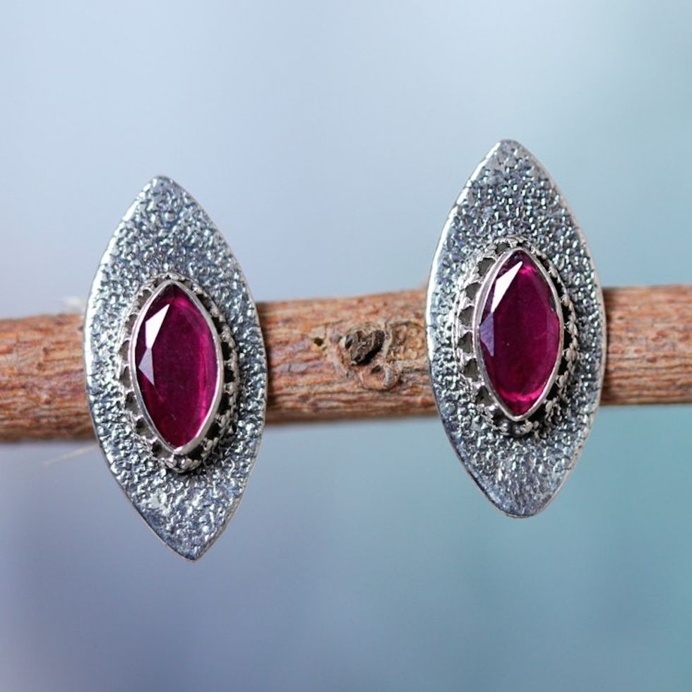 Oval Silver and Pink Onyx Drop Earrings with Textured Finish 'Pink Eyes'