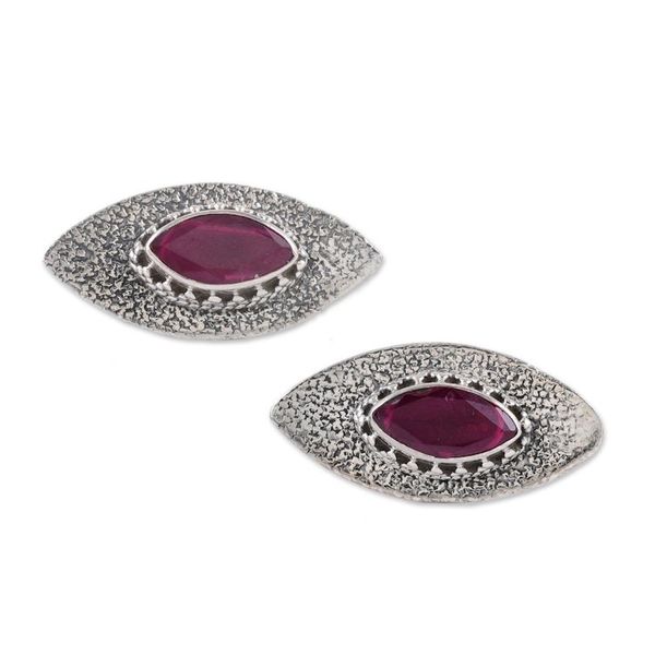 Alternate image for Oval Silver and Pink Onyx Drop Earrings with Textured Finish Pink Eyes