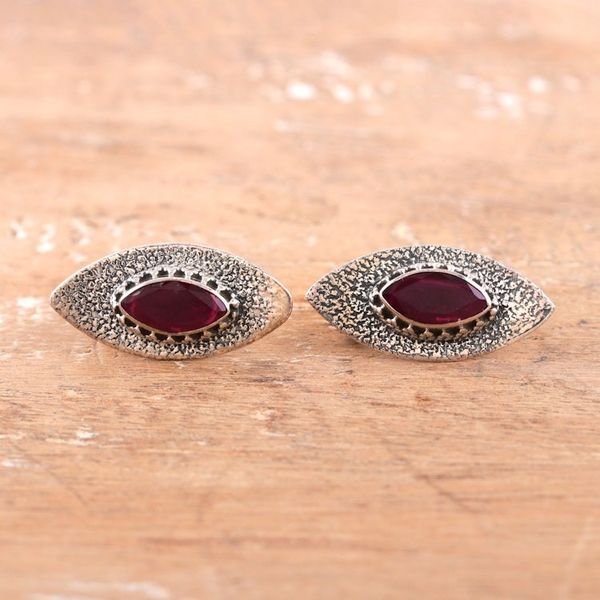 Alternate image for Oval Silver and Pink Onyx Drop Earrings with Textured Finish Pink Eyes