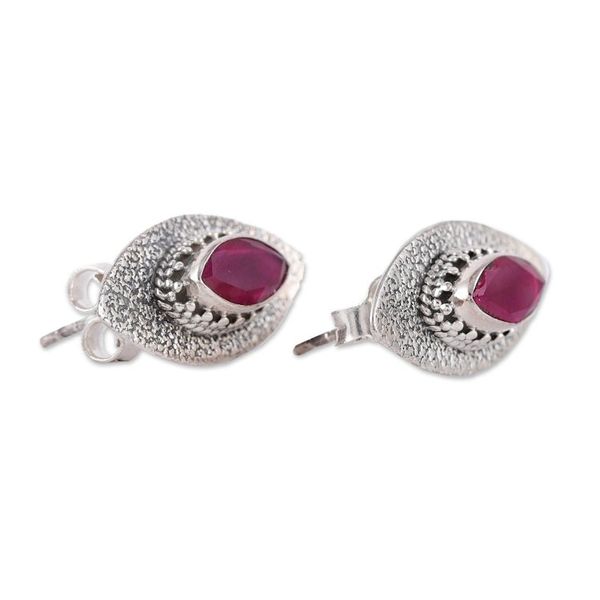Alternate image for Oval Silver and Pink Onyx Drop Earrings with Textured Finish Pink Eyes