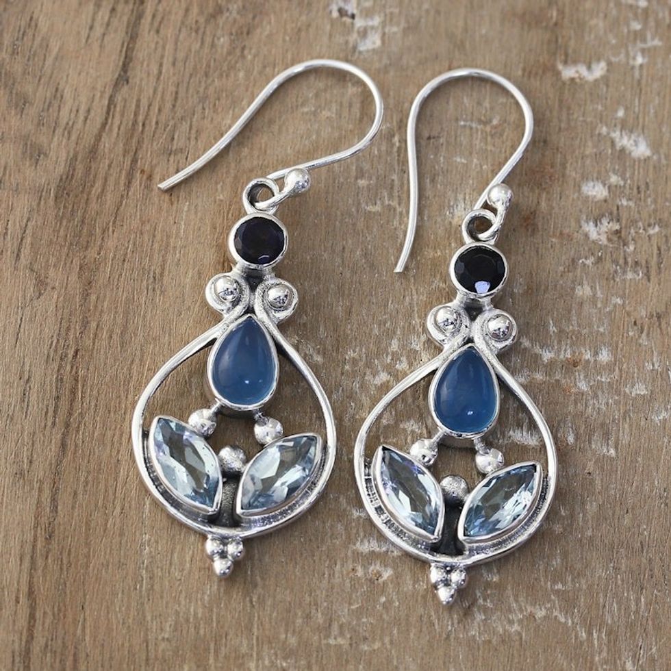 Multi-Gemstone Sterling Silver Dangle Earrings from India 'Chic Appeal'