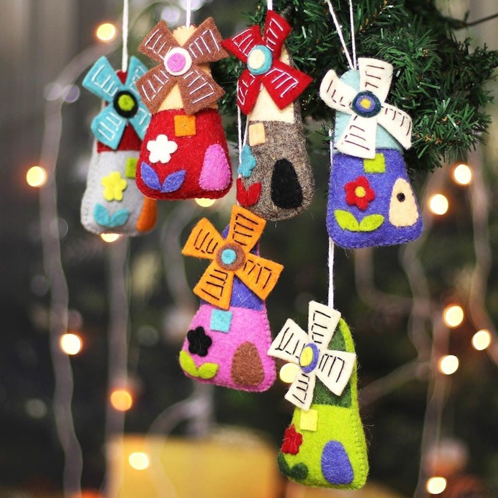 Set of Six Whimsical Wool and Cotton Windmill Ornaments 'Fantasy Windmills'