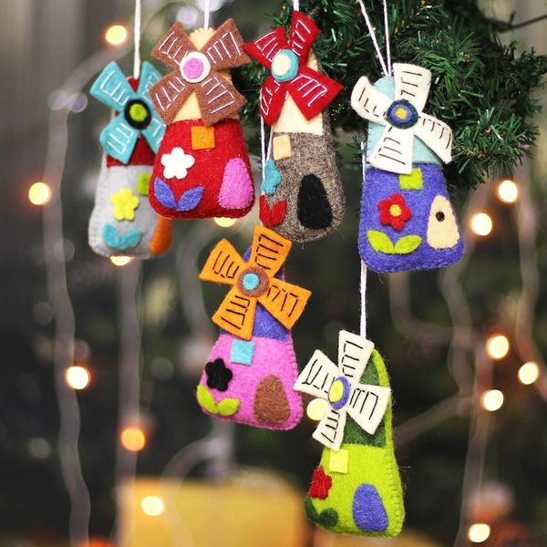 Alternate image for Set of Six Whimsical Wool and Cotton Windmill Ornaments Fantasy Windmills