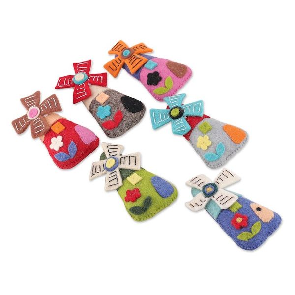 Alternate image for Set of Six Whimsical Wool and Cotton Windmill Ornaments Fantasy Windmills