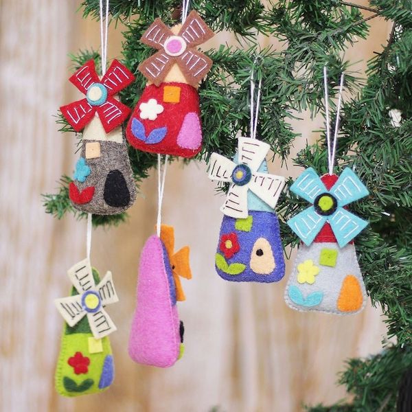 Alternate image for Set of Six Whimsical Wool and Cotton Windmill Ornaments Fantasy Windmills