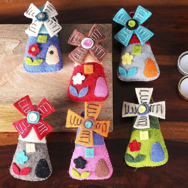 Alternate image for Set of Six Whimsical Wool and Cotton Windmill Ornaments Fantasy Windmills