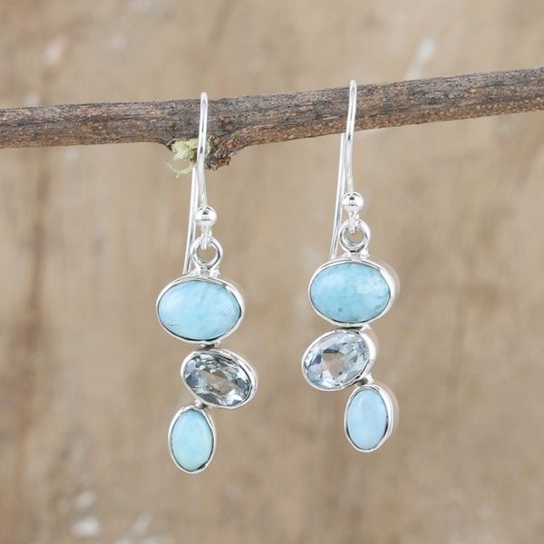 Alternate image for Sterling Silver Dangle Earrings with Larimar and Blue Topaz Trendy Trio