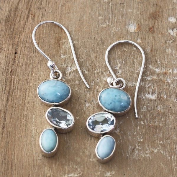 Alternate image for Sterling Silver Dangle Earrings with Larimar and Blue Topaz Trendy Trio