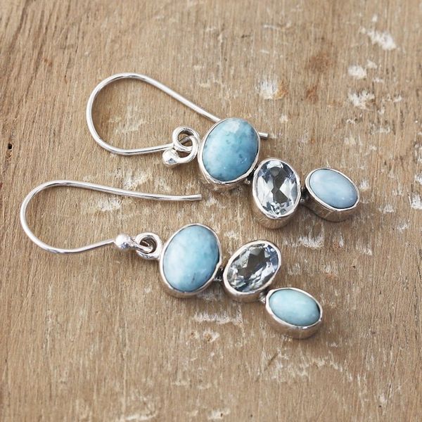 Alternate image for Sterling Silver Dangle Earrings with Larimar and Blue Topaz Trendy Trio