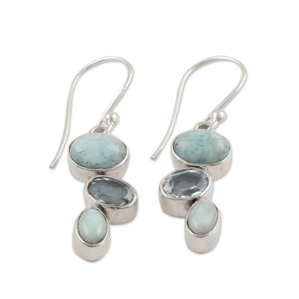 Alternate image for Sterling Silver Dangle Earrings with Larimar and Blue Topaz Trendy Trio