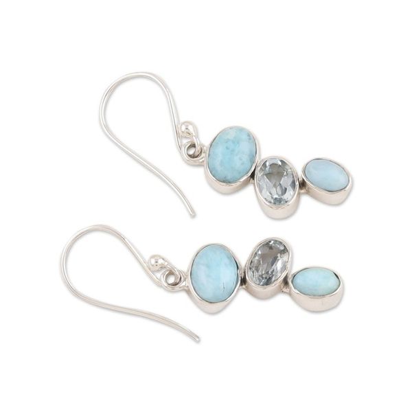 Alternate image for Sterling Silver Dangle Earrings with Larimar and Blue Topaz Trendy Trio