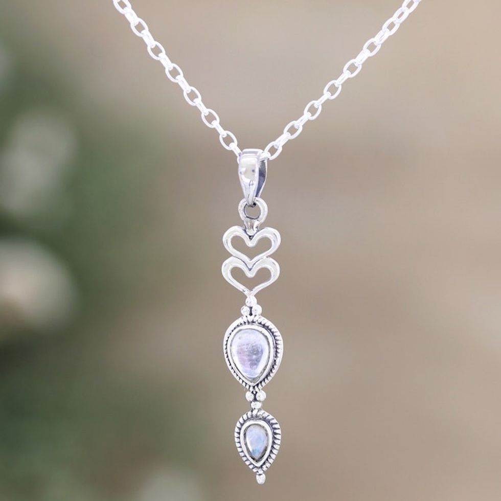 Sterling Silver and Rainbow Moonstone Heart Pendant Necklace 'Heart Delight'