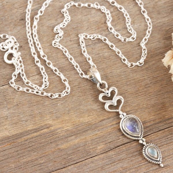 Alternate image for Sterling Silver and Rainbow Moonstone Heart Pendant Necklace Heart Delight