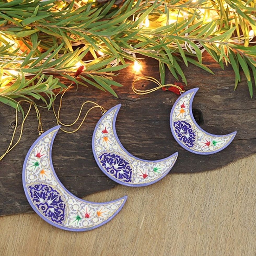 Set of 3 Blue Wood Moon Ornaments Handcrafted in India 'Blue Night'