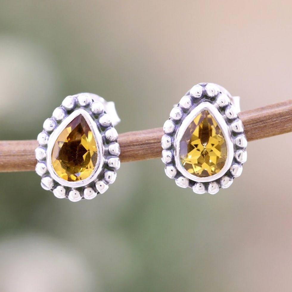 Sterling Silver Stud Earrings with Pear-Shaped Citrine Gems 'Dazzling Happiness'