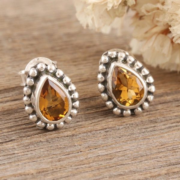 Alternate image for Sterling Silver Stud Earrings with Pear-Shaped Citrine Gems Dazzling Happiness