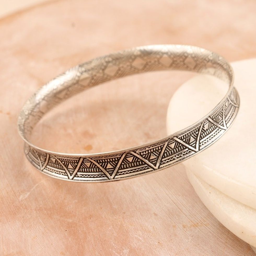 Traditional Sterling Silver Bangle Bracelet from India 'Palatial Halo'