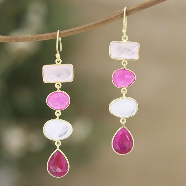 Alternate image for Multi-Gemstone Dangle Earrings with 18k Gold Plating Pink Era