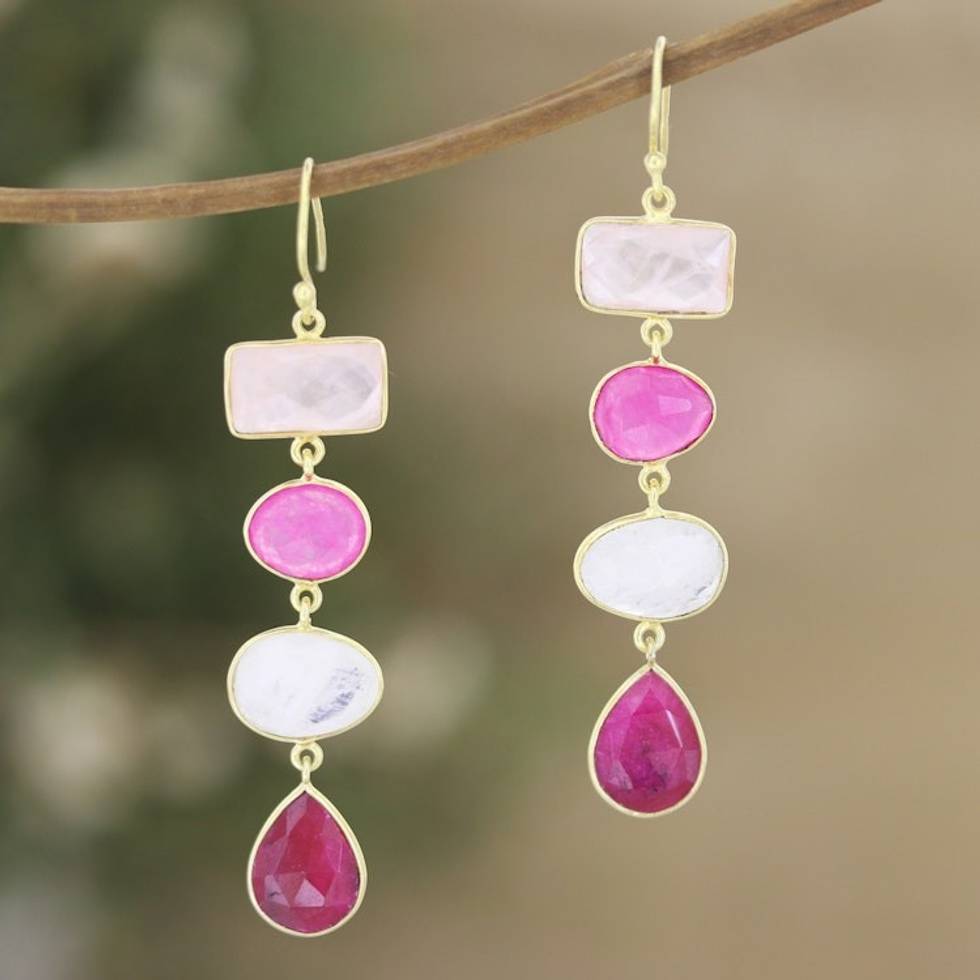 Multi-Gemstone Dangle Earrings with 18k Gold Plating 'Pink Era'