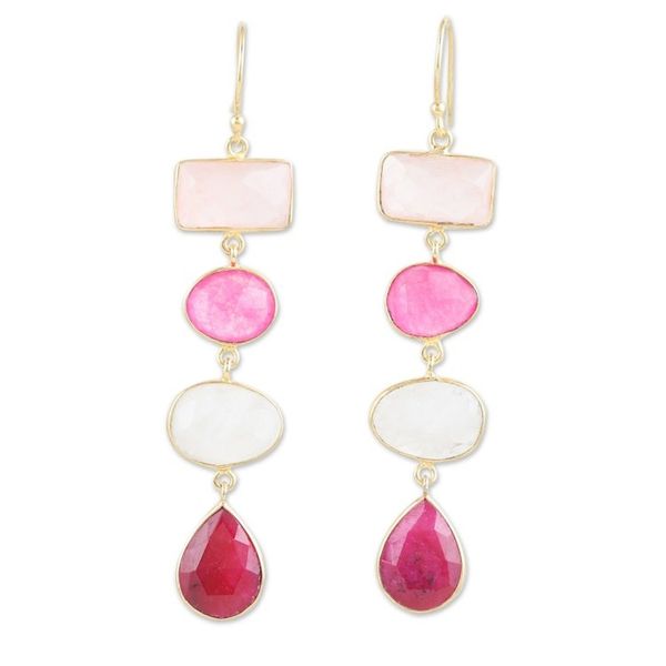 Alternate image for Multi-Gemstone Dangle Earrings with 18k Gold Plating Pink Era