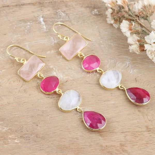 Alternate image for Multi-Gemstone Dangle Earrings with 18k Gold Plating Pink Era