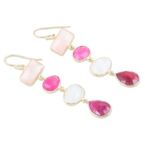 Alternate image for Multi-Gemstone Dangle Earrings with 18k Gold Plating Pink Era