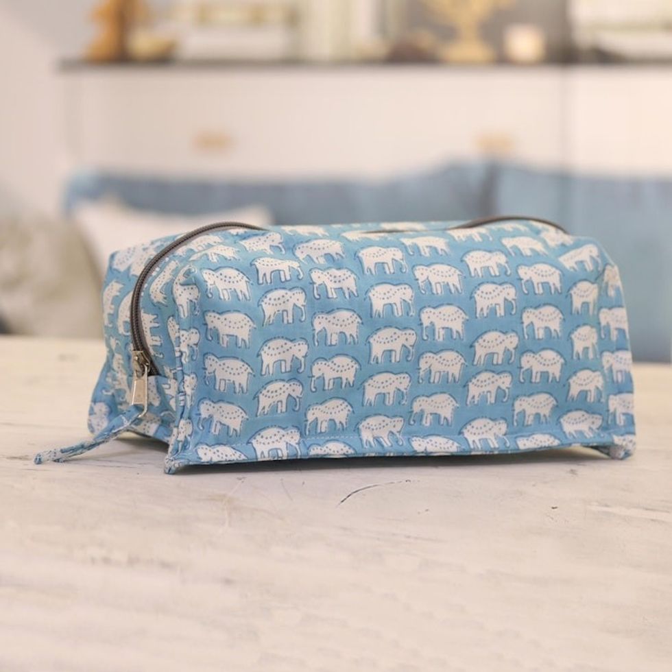 Cotton Travel Case with Hand-Block Printed Elephant Motif 'Cerulean Wild'