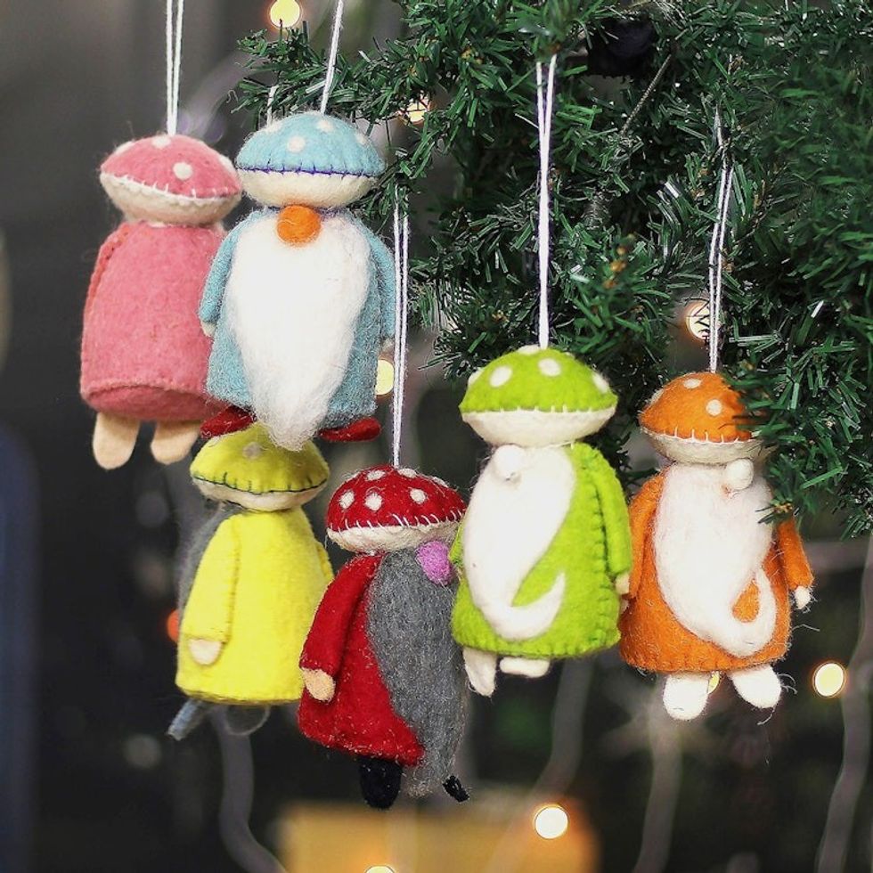 Set of 6 Handcrafted Embroidered Wool Gnome Ornaments 'Oneiric Gnomes'