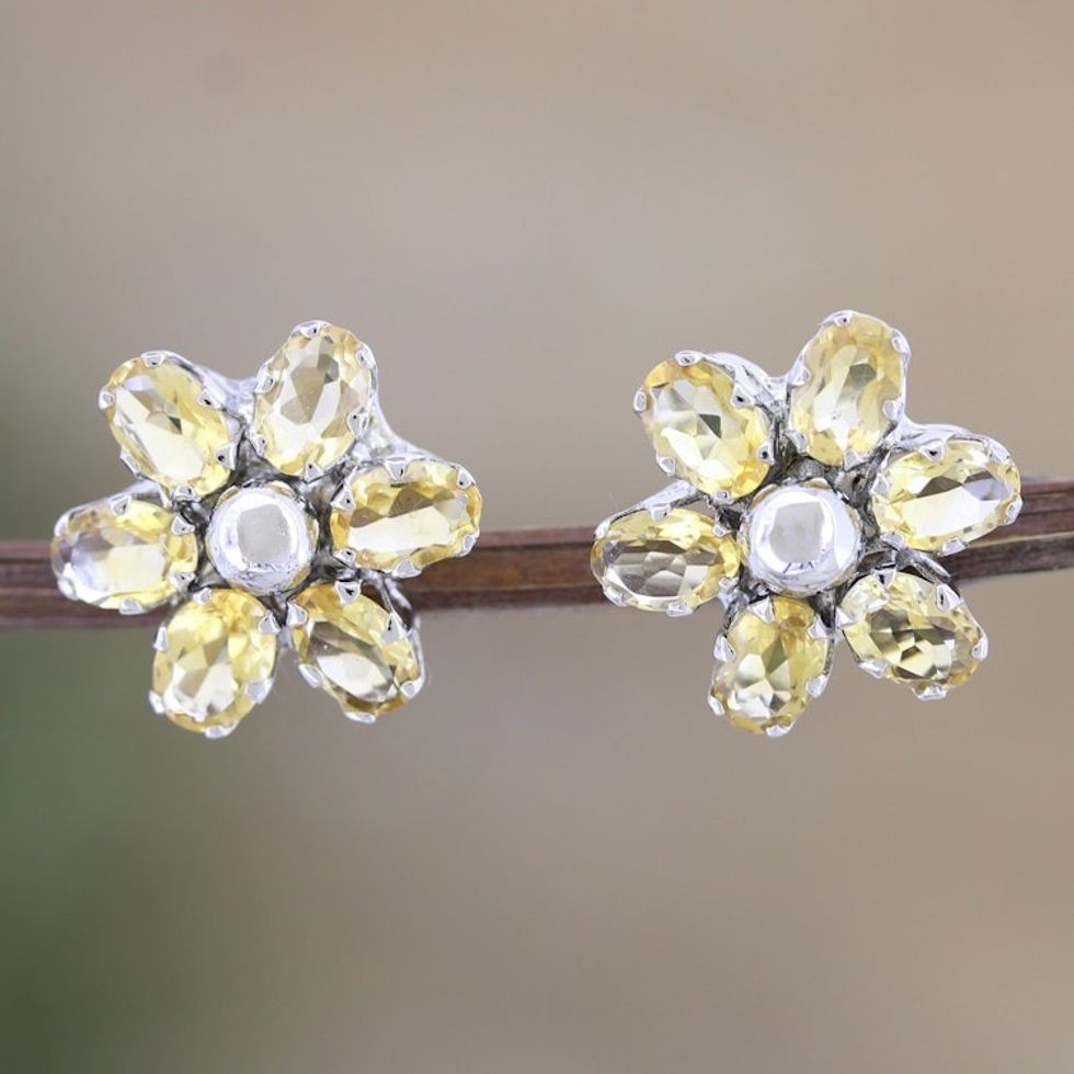 Floral Rhodium-Plated Button Earrings with Citrine Jewels 'Prosperity Petals'