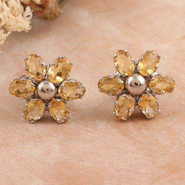 Alternate image for Floral Rhodium-Plated Button Earrings with Citrine Jewels Prosperity Petals