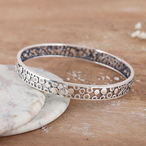 Alternate image for Polished Bubble-Patterned Sterling Silver Bangle Bracelet Bubbly Beauty