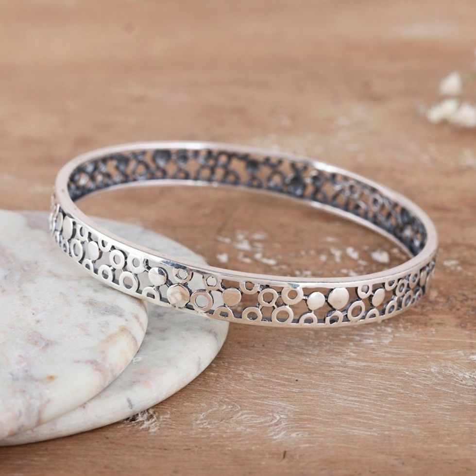Polished Bubble-Patterned Sterling Silver Bangle Bracelet 'Bubbly Beauty'