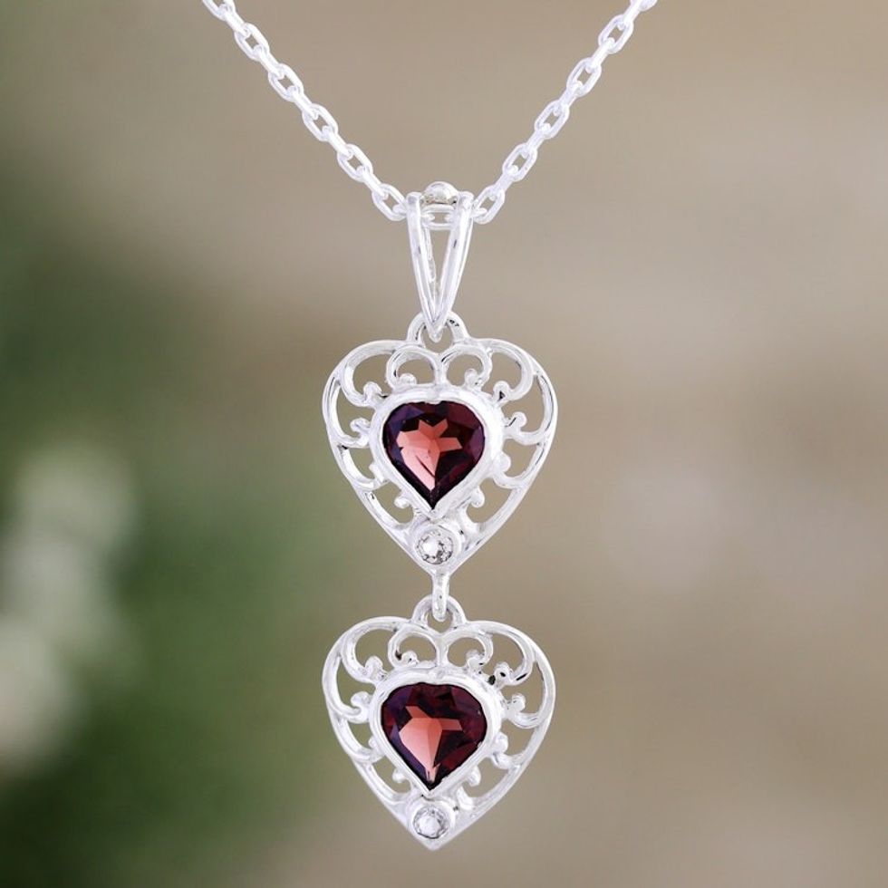 Romantic Sterling Silver Garnet and Topaz Pendant Necklace 'Strong Ties'